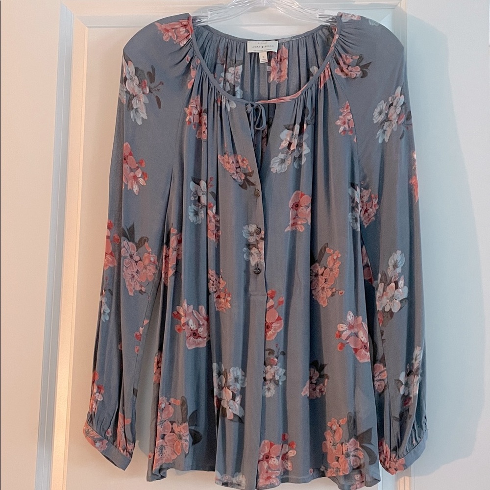 Lucky Brand Floral Peasant Blouse Women Size S Grey Relaxed Feminine Bohemian